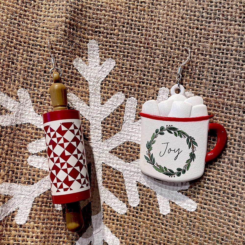 Mini rolling pin and hot chocolate mug ornament earrings Christmas